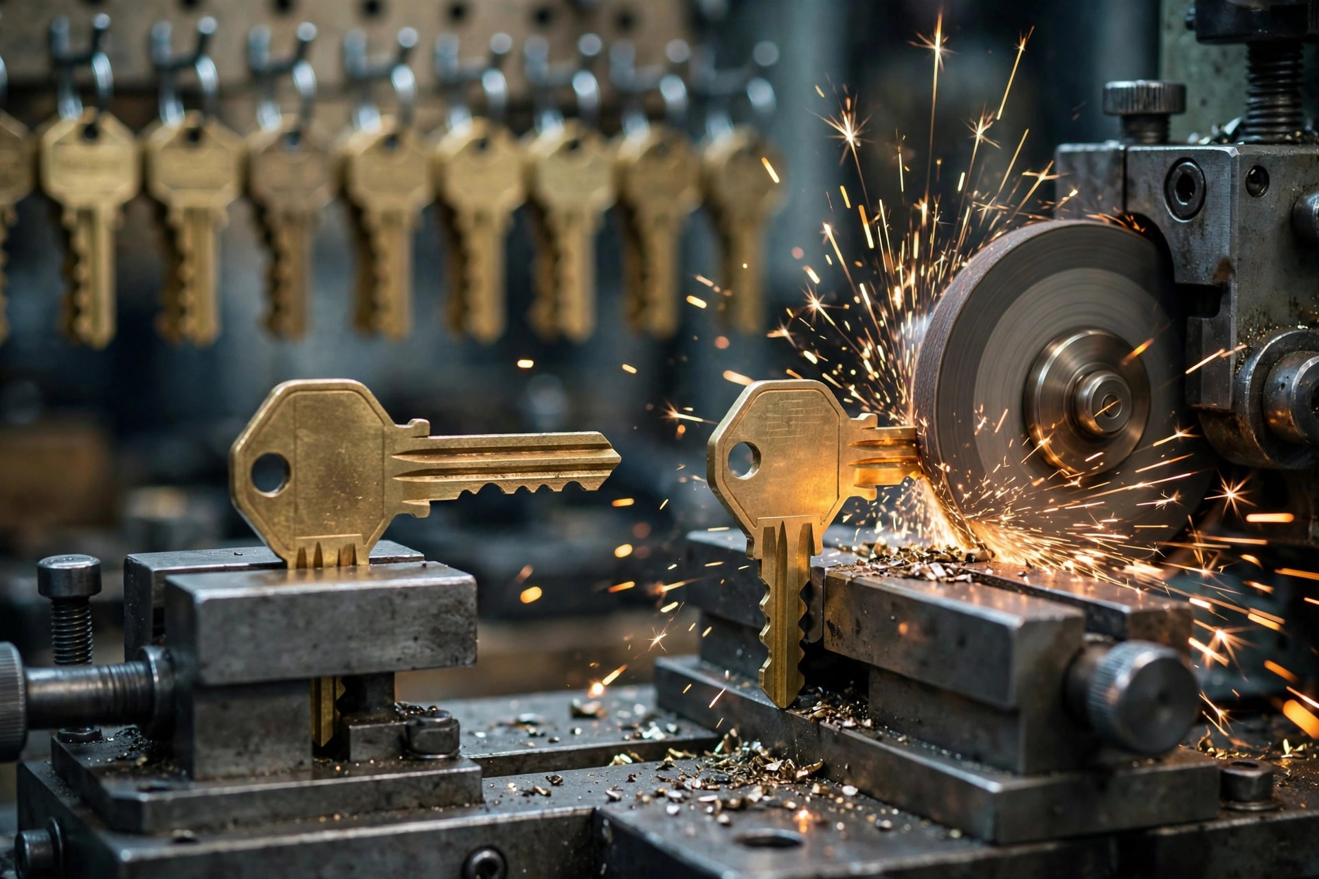 A brass key being duplicated on a professional key-cutting machine