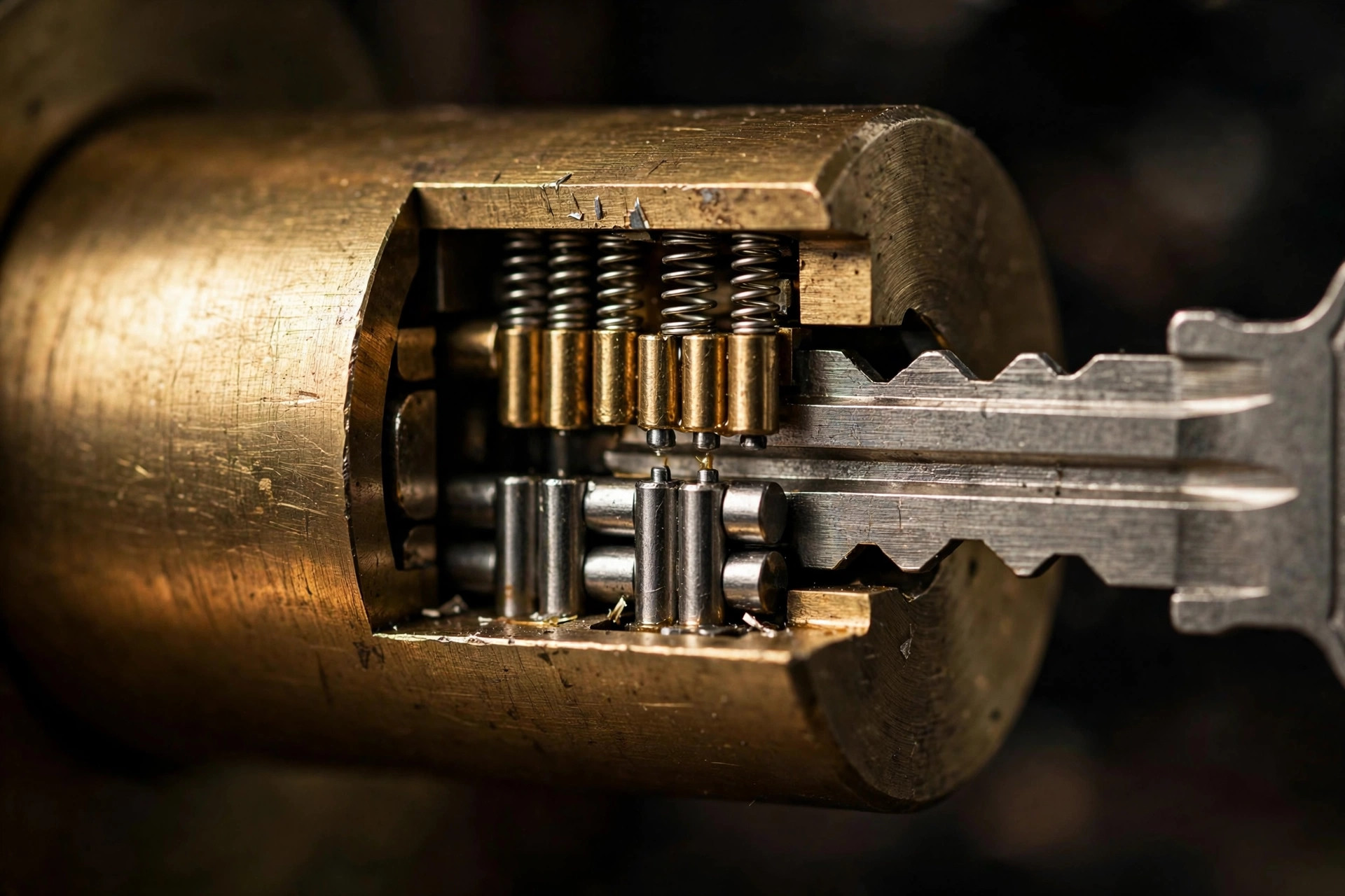 Cutaway of a brass lock cylinder showing the pin tumblers and key